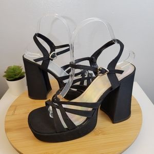 Vintage SPLASH Y2K black fabric chunky block heel strappy platform dress sandals